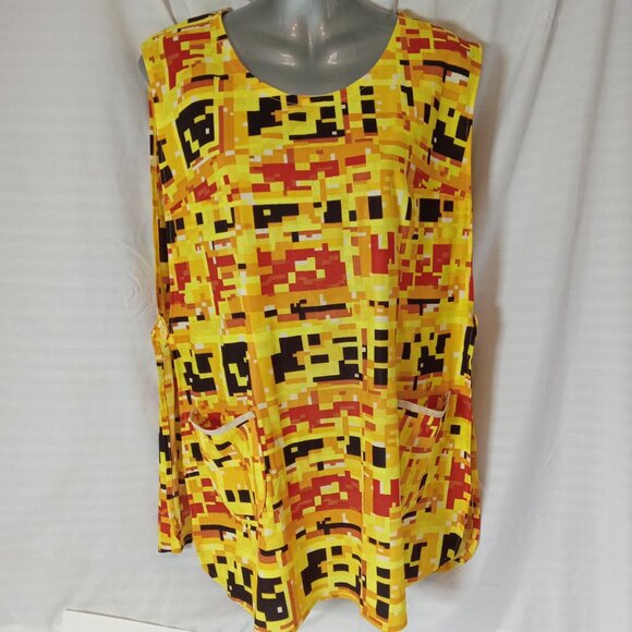 Vintage 1960s Smock Apron Mid Century Geometric Yellow Orange Handmade XL - Picture 2 of 14